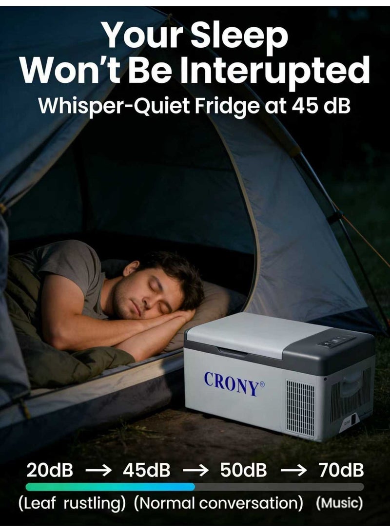 Crony C15 15l portable car refrigerator freezer. It features compressor cooling, a quiet design, low power consumption, rapid cooling, DC 12V/24V power supply, a temperature range of -20°C to 20°C, APP control, and an LED panel to protect your car battery. Ideal for road trips, outdoor activities, and fishing enthusiasts. - Image 4